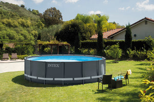 Assortiment goedkope Intex XTR frame zwembaden met verschillende maten. 